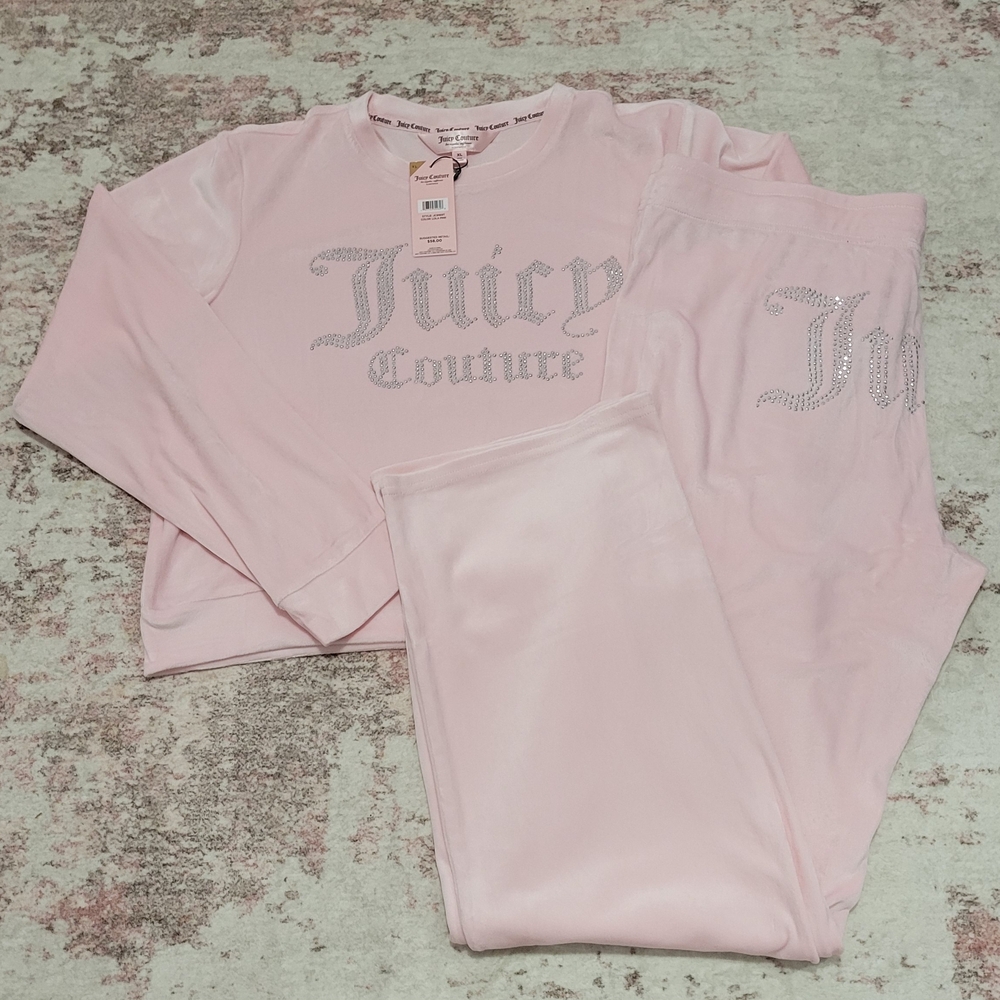 Juicy Couture Lola Pink Velour Rhinestone Lounge Sleepware Set - XL